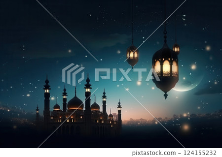 AI generated Illuminated mosque and lanterns celebrating islamic holiday under crescent moon AI generated Illuminated mosque and lanterns celebrating islamic holiday under crescent moon 124155232