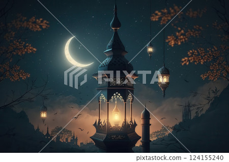 AI generated Crescent moon illuminating ornate islamic lanterns at night 124155240