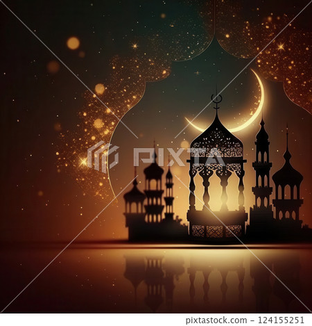 AI generated Islamic holiday greeting card with mosque silhouette and crescent moon AI generated Islamic holiday greeting card with mosque silhouette and crescent moon 124155251