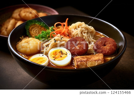 AI generated Steaming bowl of asian curry noodle soup with vegetables and fried tofu 124155466