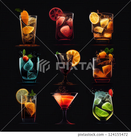 AI generated Colorful cocktails splashing on dark background, refreshing mixology 124155472