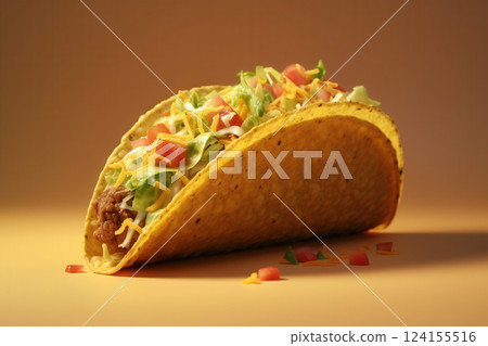 AI generated Crispy taco shell holding seasoned ground beef, lettuce, tomato, cheese, and sauce 124155516