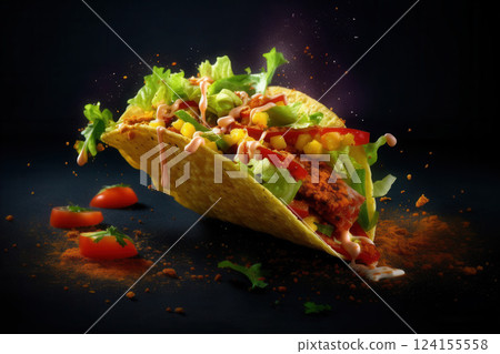 AI generated Crispy taco flying on cinco de mayo celebration with dramatic effect AI generated Crispy taco flying on cinco de mayo celebration with dramatic effect 124155558
