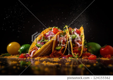 AI generated Crunchy tacos falling on table with seasoning, tomatoes, and limes for cinco de mayo 124155562