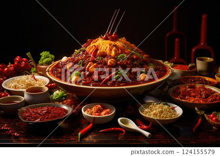 AI generated Large bowl of mapo tofu with sichuan pepper and noodles representing chinese cuisine 124155579