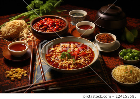 AI generated Enjoying delicious sichuan cuisine with noodles and ingredients 124155583