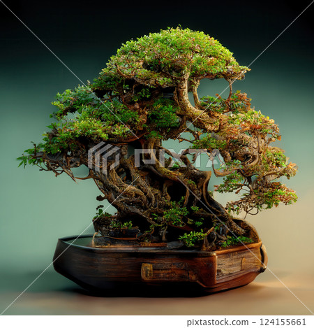 AI generated Realistic bonsai tree growing in a wooden pot 124155661