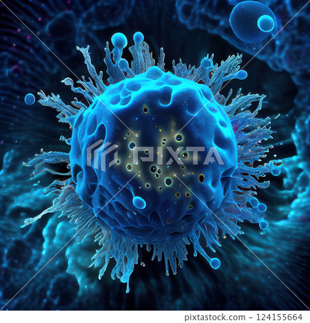 AI generated Blue bacterium floating in space showing its nucleus and membrane AI generated Blue bacterium floating in space showing its nucleus and membrane 124155664