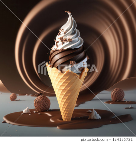 AI generated Delicious swirled ice cream melting on chocolate cream AI generated Delicious swirled ice cream melting on chocolate cream 124155721