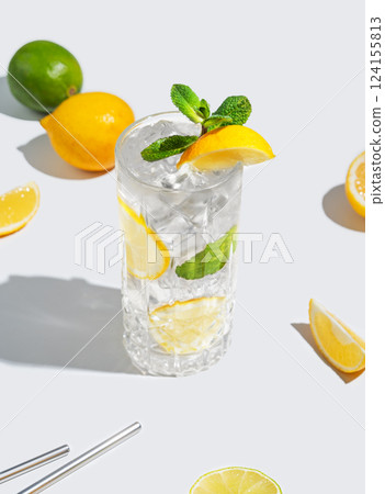 Lemon drink with mint and ice in a glass on a white background with shadow and fruits. 124155813