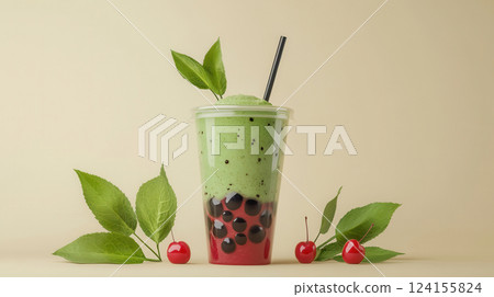 Ai generated iced matcha bubble tea surrounded by leaves and cherries on a beige background 124155824