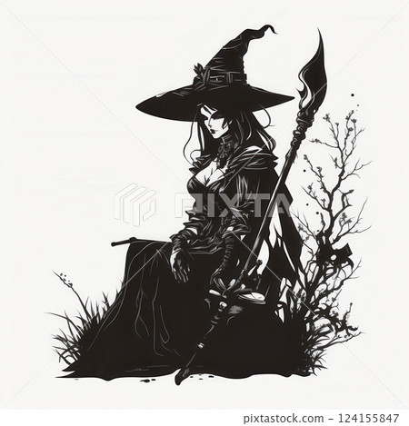 AI generated Gothic witch resting with staff in fantasy setting 124155847