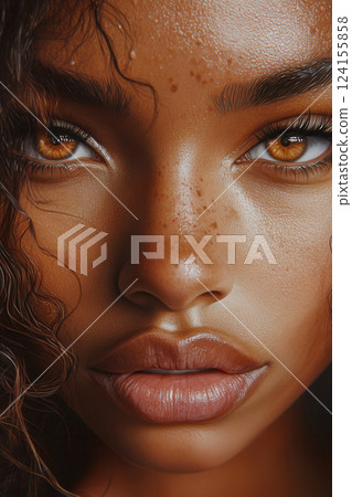 AI generated Beautiful black woman with freckles showing her face 124155858