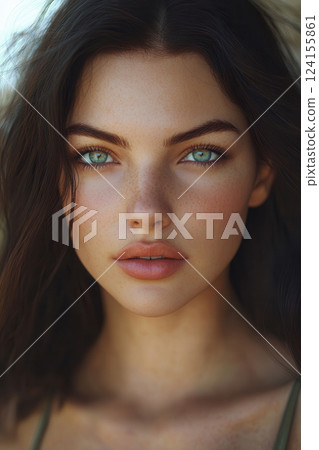 AI generated Beautiful woman with freckles and green eyes posing outdoors AI generated Beautiful woman with freckles and green eyes posing outdoors 124155861