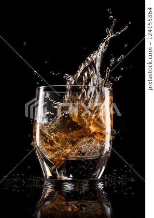 AI generated Whiskey splashing in a glass with ice on black background 124155864