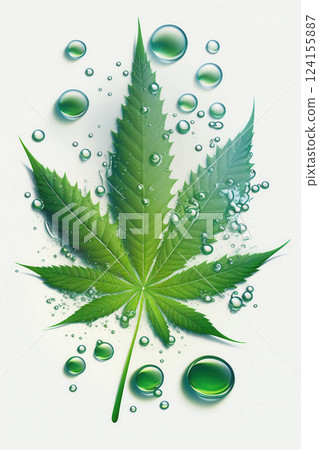 AI generated Fresh cannabis leaf submerged in sparkling water with bubbles 124155887
