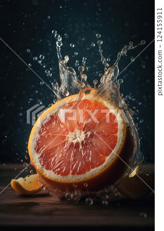 AI generated Fresh grapefruit splashing with water on dark background AI generated Fresh grapefruit splashing with water on dark background 124155911