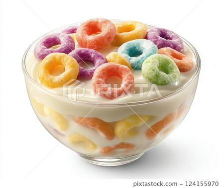 AI generated Colorful Cereal Rings Floating in a Bowl of Milk 124155970