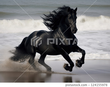 AI generated Black stallion galloping on the beach, wild and majestic horse running by the sea 124155978