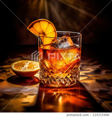 AI generated Crystal old fashioned glass with orange slice and ice cubes on golden background 124155990
