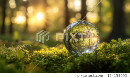 AI generated Crystal ball reflecting forest sunset on moss bed, environmental conservation concept 124155993