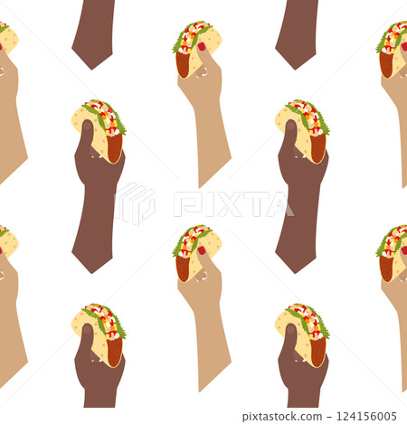 Woman manicured hand and Latin American man hand hold meat and vegetable fill Taco Seamless Pattern Woman manicured hand and Latin American man hand hold meat and vegetable fill Taco Seamless Pattern 124156005