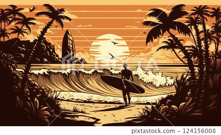 AI generated Surfboard on sunset sunrise sandy tropical beach 124156008