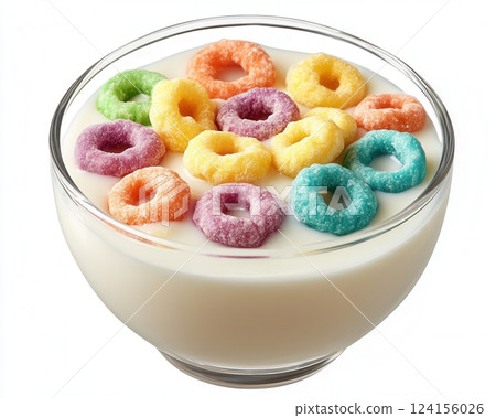 AI generated Colorful cereal rings floating in a bowl of milk 124156026
