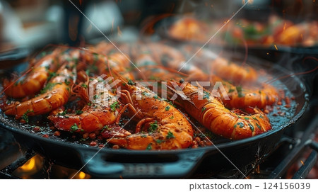 AI generated Chef Cooking Gourmet Prawns in a Hot Pan 124156039