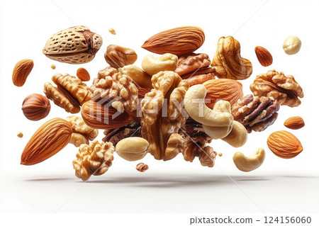 AI generated Mixed nuts falling and flying on white background 124156060