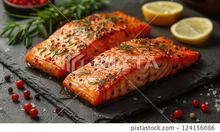 AI generated Delicious roasted salmon fillets with lemon, rosemary and pepper 124156086