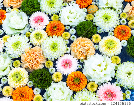 A beautiful flower water fountain decorated with January's seasonal flowers 124156156