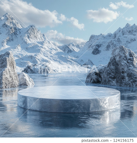 AI generated Round metallic podium standing on a frozen lake in snowy mountains AI generated Round metallic podium standing on a frozen lake in snowy mountains 124156175