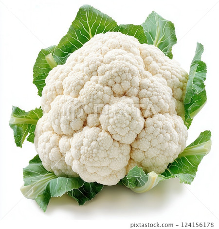 AI generated Fresh Cauliflower Head Resting on Vibrant Green Leaves 124156178