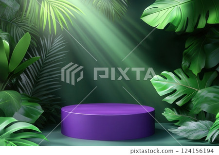 AI generated Purple podium with tropical leaves and volumetric light beams illuminating it 124156194