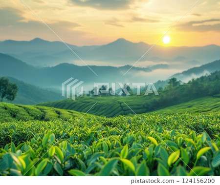 AI generated Green tea plantation illuminating at sunrise over misty mountains 124156200