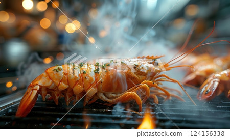 AI generated Chef grilling fresh langoustine seasoned with parsley on barbecue fire 124156338