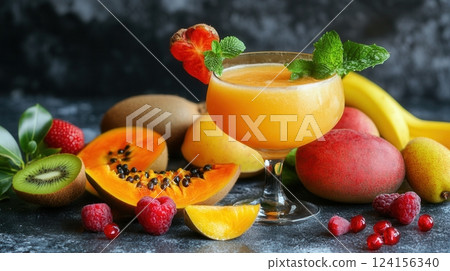 AI generated Exotic fruit cocktail surrounded by fresh ingredients on dark background 124156340