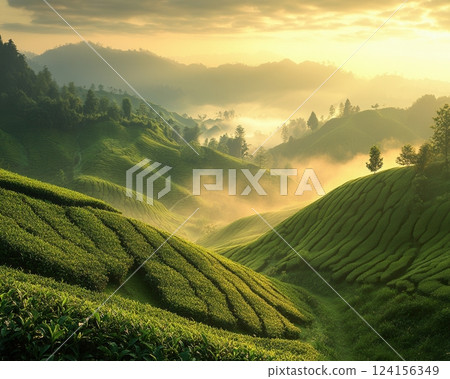 AI generated Sunrise illuminating fog over green tea plantation in rolling hills landscape AI generated Sunrise illuminating fog over green tea plantation in rolling hills landscape 124156349