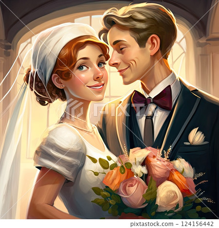 Happy bride and groom wedding AI generated scene 124156442
