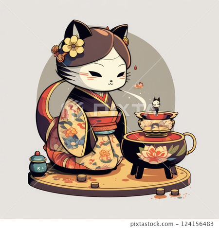 Chibi cat geisha at tea ceremony, ai generated 124156483