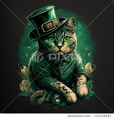 Saint Patricks generative AI cat wearing top hat 124156491