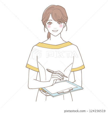 美容院的店員拿著活頁夾提供諮詢 美容院的店員拿著活頁夾提供諮詢 124156519