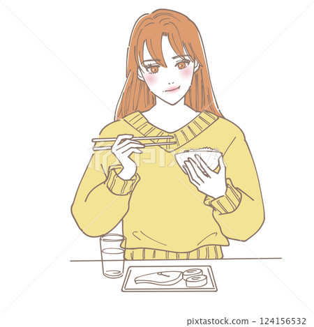 A woman eating a good breakfast 124156532