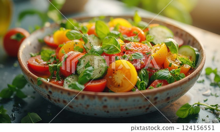 Ai generated ripe tomatoes, crisp cucumbers, and fragrant basil nestled in rustic bowl, showcasing bright summer salad with zesty seasoning Ai generated ripe tomatoes, crisp cucumbers, and fragrant basil nestled in rustic bowl, showcasing bright summer salad with zesty seasoning 124156551