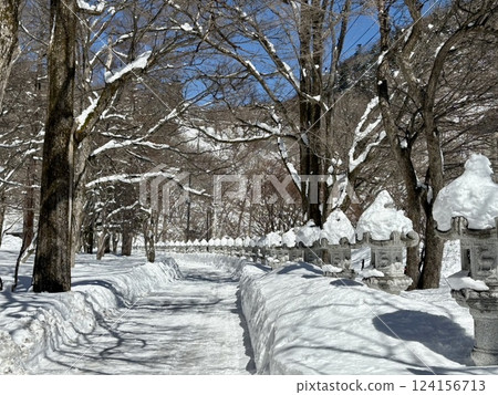 歐日光的冬天 湯之湖_通往湯之湖溫泉寺的石燈籠被白雪覆蓋 124156713