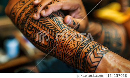 A skilled tattoo artist carefully inking a traditional Polynesian tattoo design on a person's arm, representing cultural heritage and storytelling. 124157018