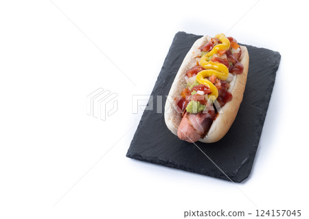 Sonoran hot dog. Traditional Mexican hot dog isolated on white background Sonoran hot dog. Traditional Mexican hot dog isolated on white background 124157045