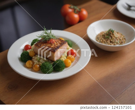 Meat garnish with sauce and vegetables. 124157101