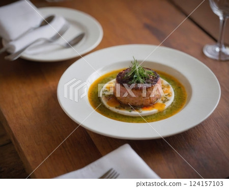 Meat garnish with sauce and vegetables. 124157103